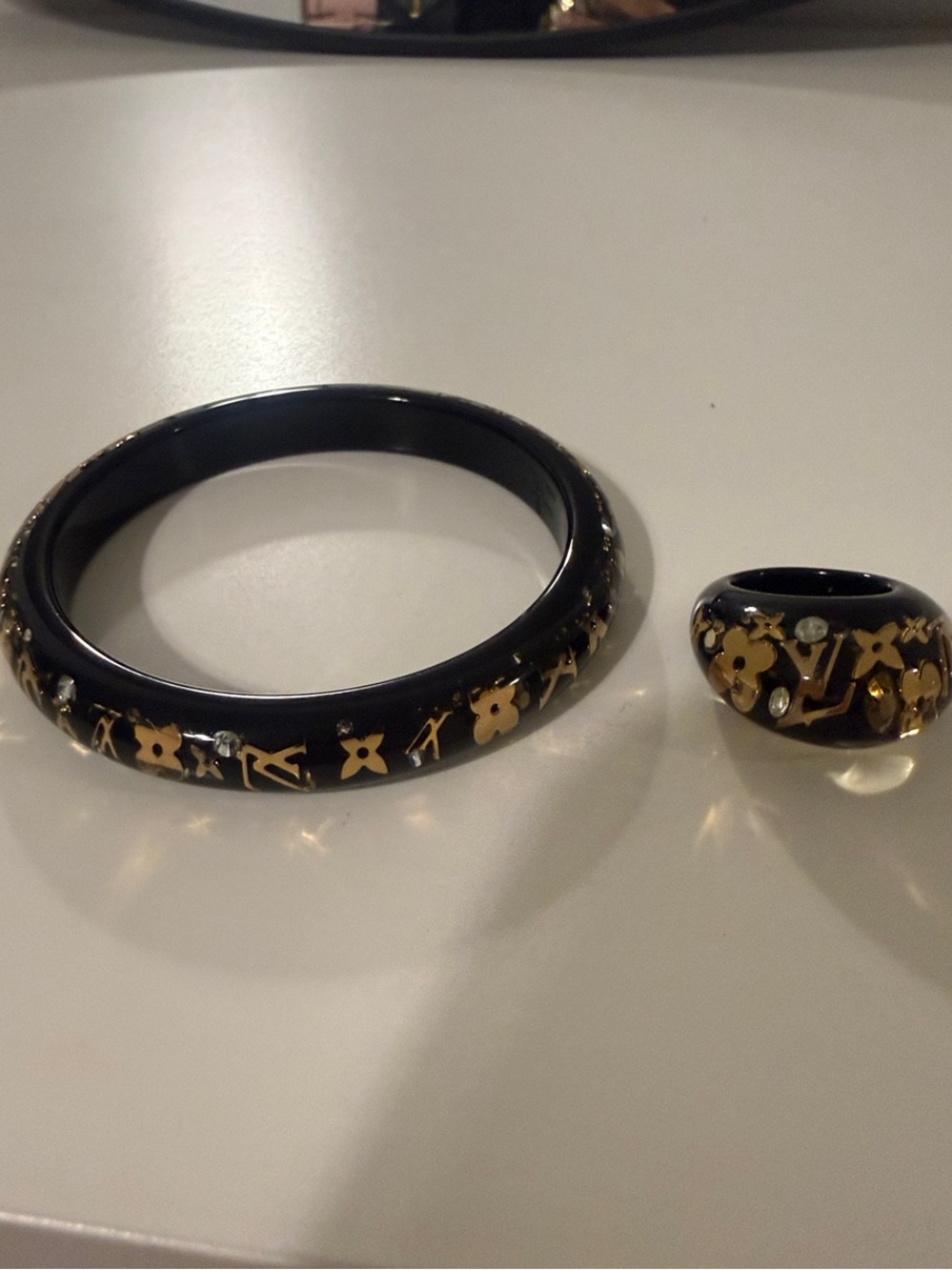 Louis Vuitton Acrylic Bangle bracelet & Ring set w Gold Floral & Crystals